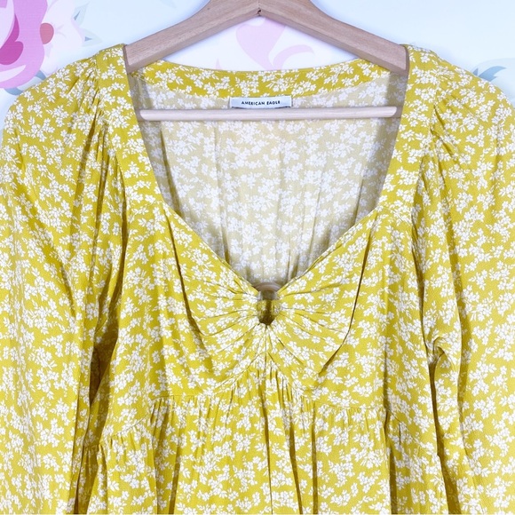 American Eagle Outfitters AEO Yellow Ditsy Floral Sweetheart Neckline Blouse S - Picture 2 of 12